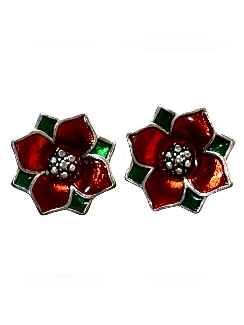 VTG Kenneth Cole Poinsettia Enamel post Earrings Red Green Signed KC Christmas
